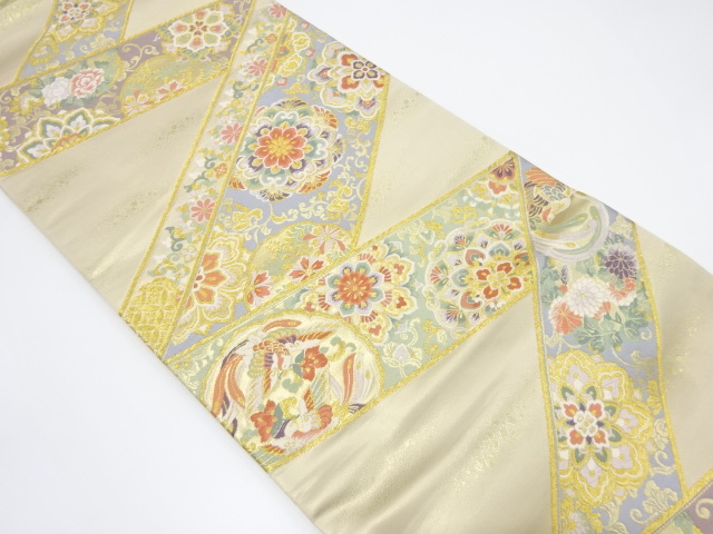 幾何学に鳳凰・華紋模様織出し袋帯